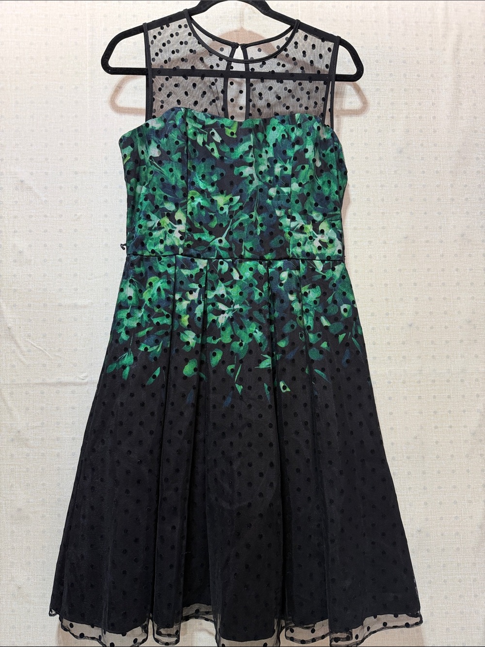 Women's Black Midi Dress with Green Floral Bodice and Sheer Polka Dot Yoke